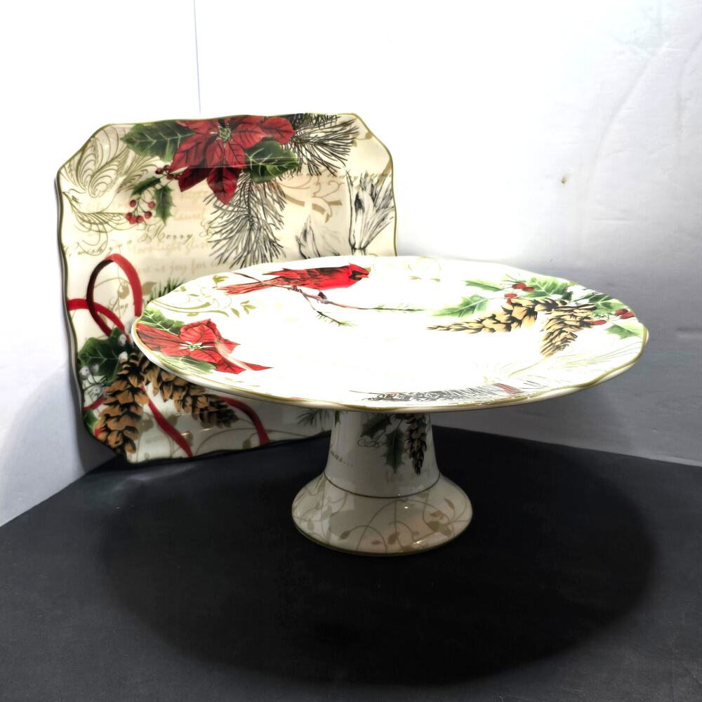 222 Fifth Holiday Wishes Cardinal Cake Stand Square Platter Christmas Set